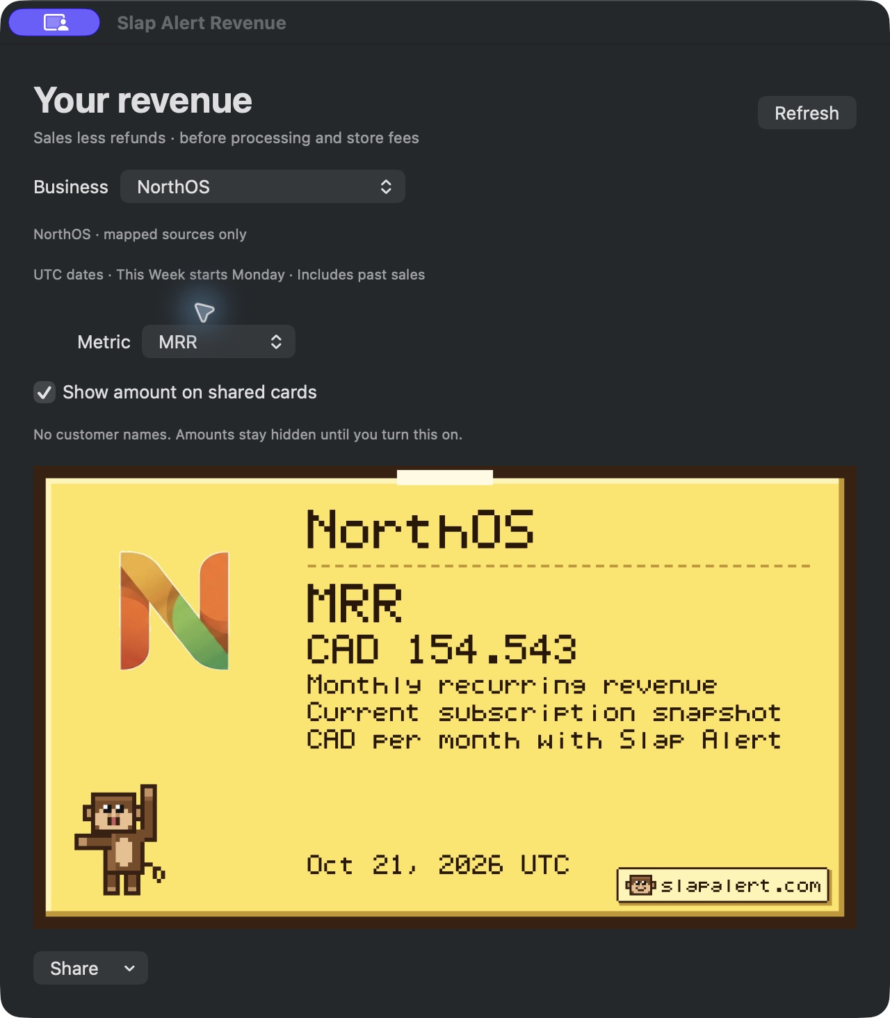The Slap Alert Revenue window for NorthOS with MRR selected and an MRR card carrying the NorthOS logo