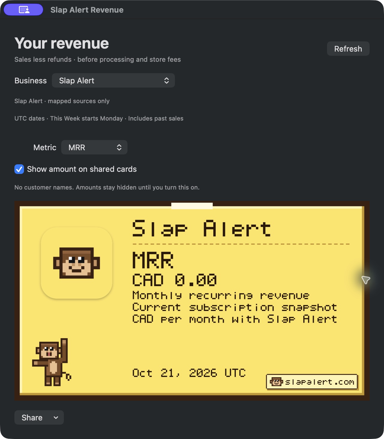 The Slap Alert Revenue window with MRR selected and a yellow MRR card for Slap Alert showing CAD 0.00