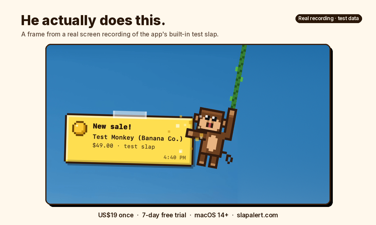 A pixel-art monkey on a vine slapping a yellow "New sale!" note that reads Test Monkey (Banana Co.), $49.00, test slap