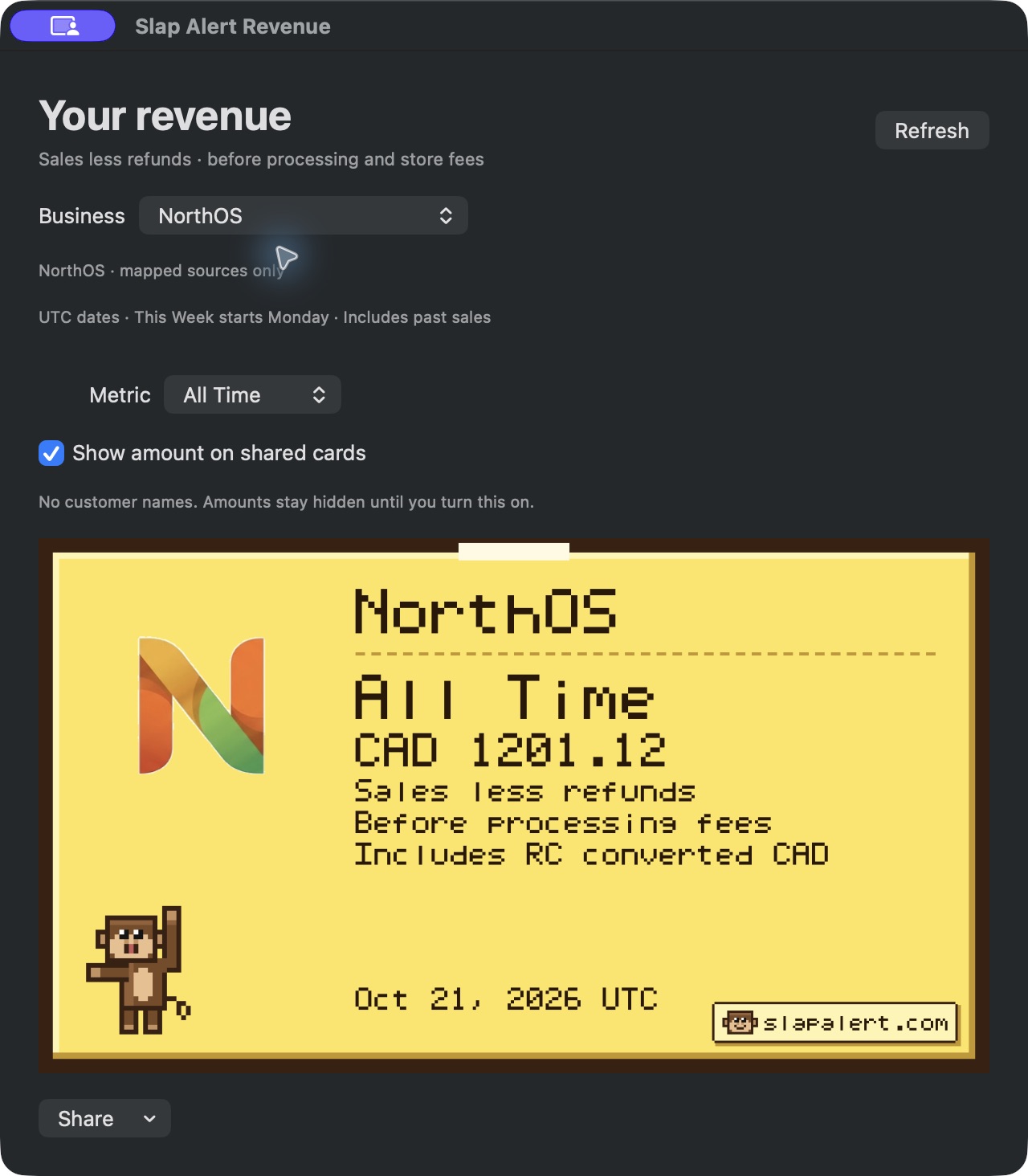 The Slap Alert Revenue window for the business NorthOS, with All Time selected and an All Time card showing CAD 1201.12