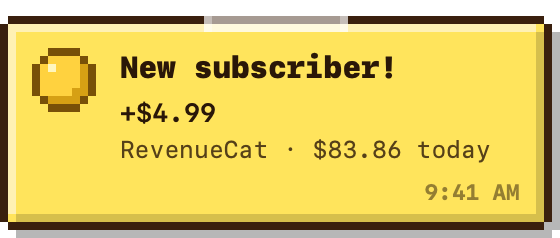 Yellow note: New subscriber! plus $4.99, RevenueCat, $83.86 today